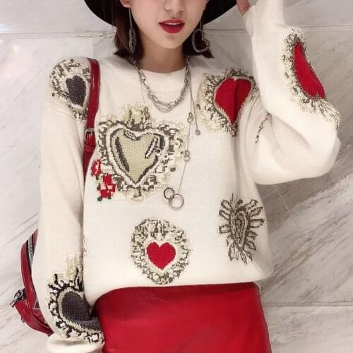 Elegant Sweater Women Casual Fashion Loose Women Sweaters and Pullovers Love Embroidery Jumper Sueter Mujer
