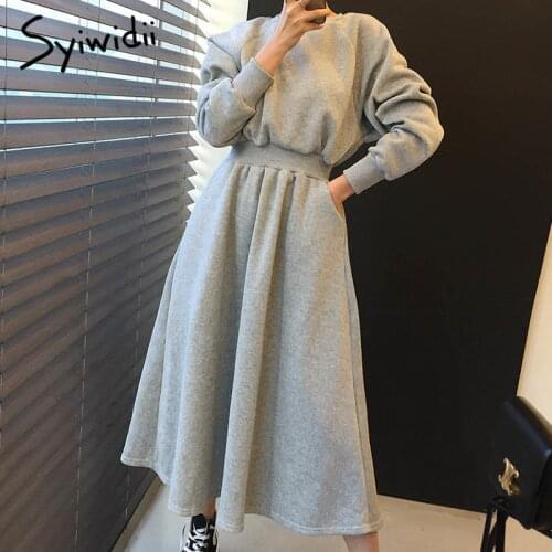 Syiwidii Velvet Dress for Woman Fall Winter 2021 Korean Long Sleeve O Neck Pockets A Line Elastic Waist Sweatshirts Midi Dresses