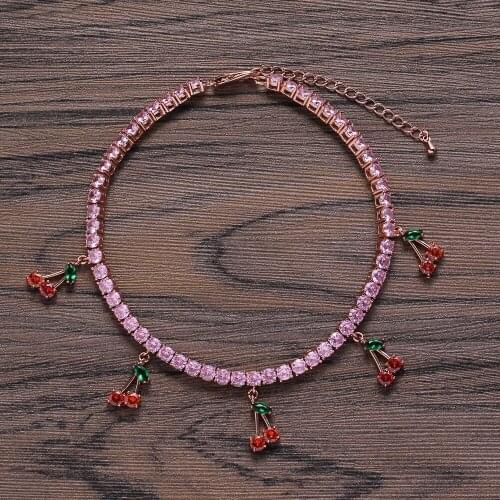 1 Row CZ Stone Tennis Cherry Anklet Trendy Jewelry for Women Bling Iced Out AAA Cubic Zirconia Anklet Beach Foot Chain Bracelets