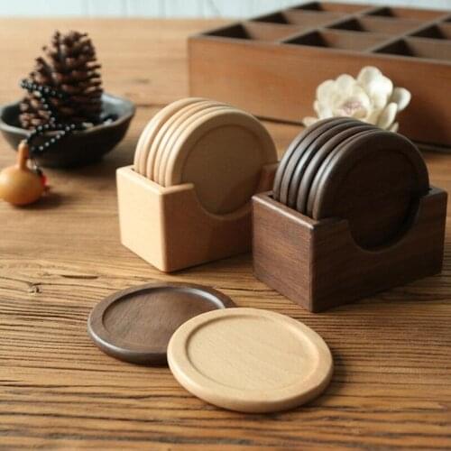 6Pcs/Set Walnut Wood Coasters Placemats Decor Round Heat Resistant Drink Mat Pad CF-160