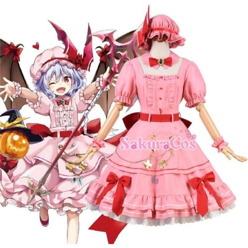 Anime Touhou Project Remilia Scarlet Lolita Pink Maid Dress Uniform Cosplay Costume Halloween Party Suit For Women Outfit New