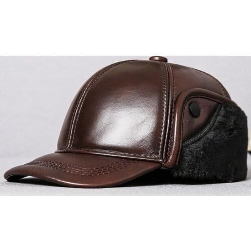 Men Autumn Baseball Hat Cow Leather Furry Earflap Winter Warm Senior Male Casquette Russian Style Outdoow Genuine Leather Visor