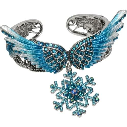 Snowflake Wing Bangle Bracelet Blue White Christmas Holidays Ornaments Gifts for Women Silver Color Crystal Fashion Jewelry