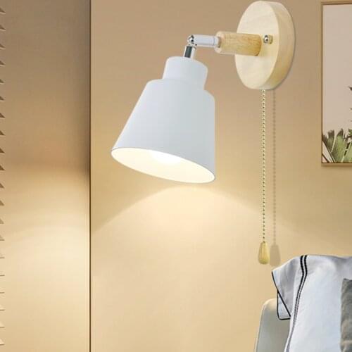 Nordic Indoor Wooden Wall Lamp Bedside E27 Sconce Wall Light for Bedroom Corridor 4 Color with Zip Switch Freely Rotatable Decor