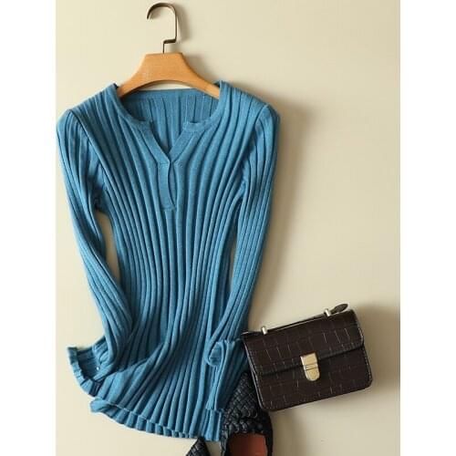 Elastic Knitted Striped Women Sweater And Pullovers Autumn New V-Neck Office Lady Elegant Buttoming Pulls Outwear Tops