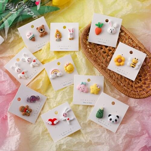 FIMAODZ Flower Bee Earrings 2021 Korean Anime Cartoon Animal Rabbit Bear Sun Moon Panda Earrings for Women Girls Jewelry