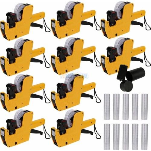 [ Fly Eagle ]10Pcs Yellow MX-5500 8 Digits Price Tag Gun with 10 Rolls 5000 White w/ Red lines labels + 10x Ink