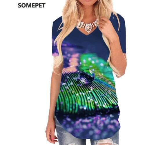 SOMEPET Colorful T Shirt Women Leaf V-neck Tshirt Water Shirt Print Novel Tshirts Printed Womens Clothing Summer Cool New