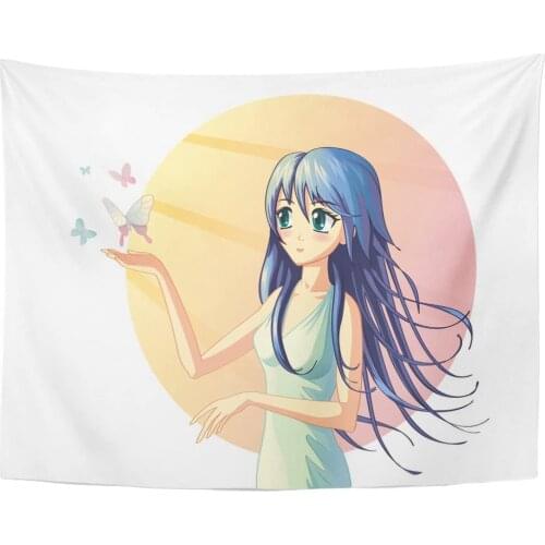 Tapestry Blue Manga of Anime Girl with Butterflies Flying Around Her Hand Purple Japanese Gentle Tapestries Wall Hanging