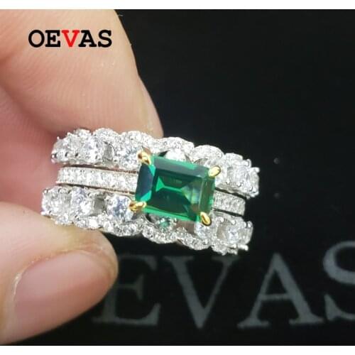 OEVAS 100% 925 Sterling Silver 5*7mm Emerald 10mm Full High Carbon Diamond Bridal Rings Sparkling Wedding Party Fine Jewelry