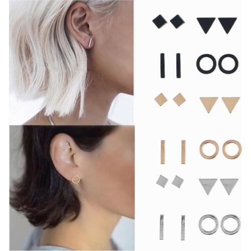 4pairs/set Metal Stud Earrings Set For Women Alloy Geometric Square Triangle Round One-word Fashion Stud Earrings Combination
