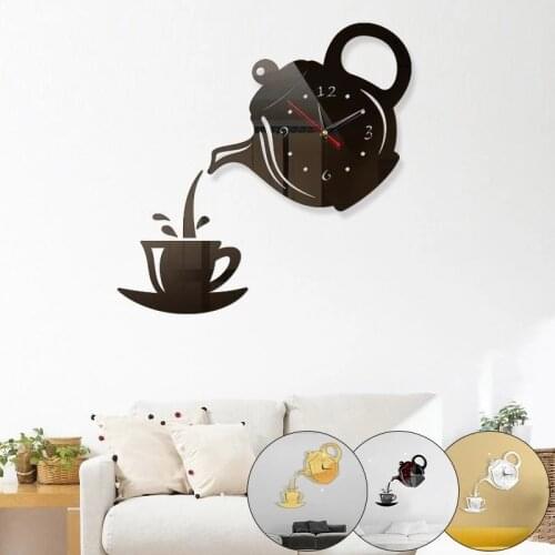 Creative 3D Acrylic Mirror Coffee Teapot Wall Clock Sticker Decor Wall Clocks Room Fashion Home Ornament