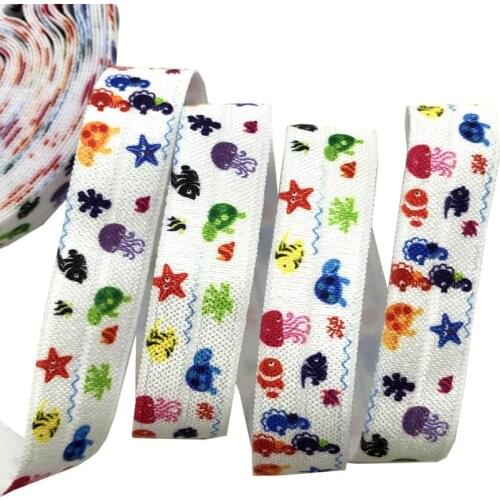 10Y 16mm OctopusTurtle fish Printed Fold Over Elastic FOE Ribbon for Girls Bracelet Clothes Sewing Decoration Accessories