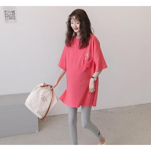 Summer Maternity Solid Color Dresses Long T-Shirt Lovely Pocket 100%Cotton TShirt Pregnancy Fashion Pregnant Women Loose Clothes