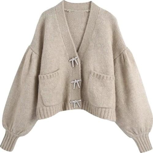 2021 New Women Fashion With Rhinestone Buttons Knitted Cardigan Sweater Vintage Long Sleeve Loose Female Outerwear Chic Tops