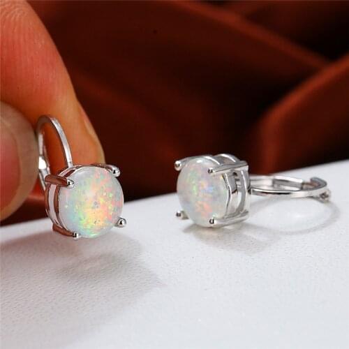 Charm Bridal Wedding Earrings Minimalist White Blue Opal Round Stone Earrings Vintage Silver Color Small Hoop Earrings For Women