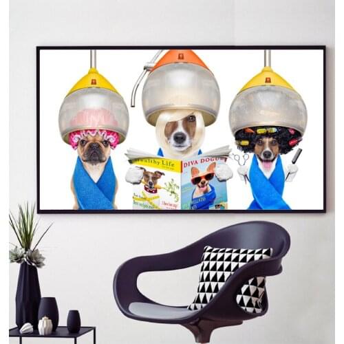 Dogs Groomer Hairdresser Print , Under Drying Hood Funny Poster , Dog Reading Magazine Canvas Painting Barbershop Wall Art Decor