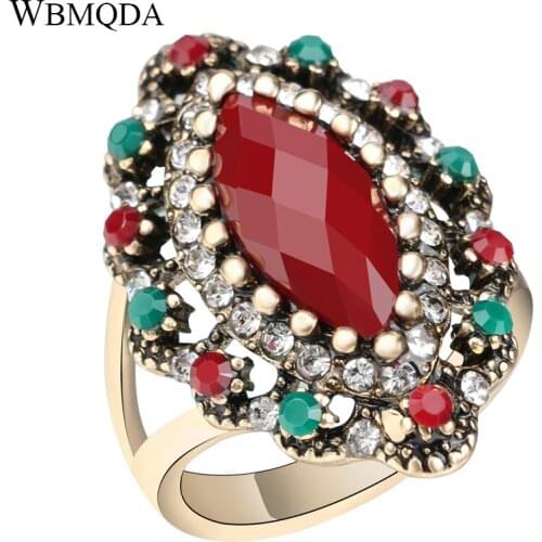Luxury Antique Gold Crystal Engagement Wedding Rings For Women Bohemian Red Green Stone Ring Turkish Jewelry Party Gift
