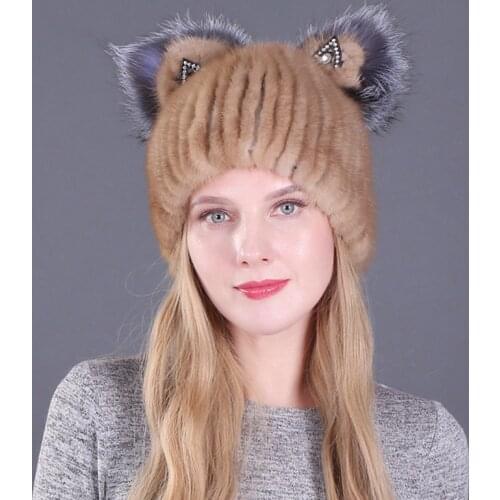 Jkp Real Mink Woven Hat Winter Womens New Simple Warm Fashion Cat Ears With Diamond Decorative Fur Hot Selling Style Cap