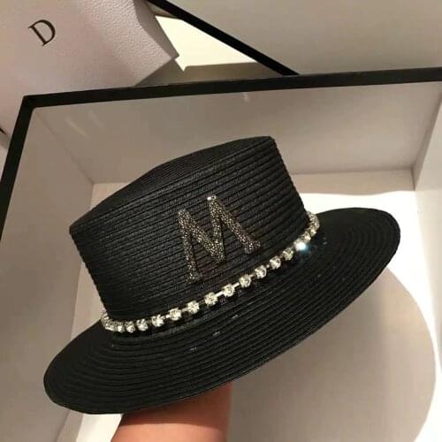 Sun Hat Woman Summer Straw Hat Crystal Rhinestone Embellished Letter Big Wide Brim Beach Hat Foldable UV Protection Hat
