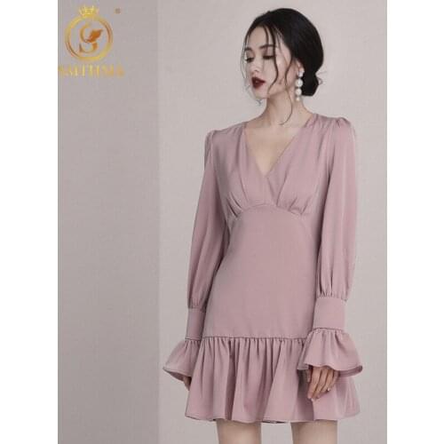 SMTHMA New Fashion Spring Women 2021 Sexy V-Neck Korea Dress Long Sleeve Ruffle OL Casual Dresses Vestidos