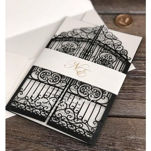 Black Laser Cutting Wedding Invitation with Envelope and Wax Seals,50pcs