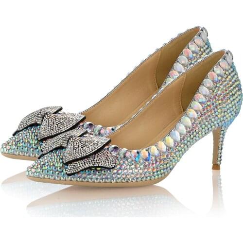 Diamond Bow Wedding Shoes Handmade Thin Heels Ladies Shoe Fashion High-heeled Shallow Pointed Toe Crystal Pumps Shoes For Brides
