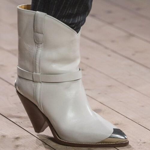 Western Winter Boots Genuine Leather Mid Calf Cowboy Boots For Women Motocycle Spike High Heel Short Biker boots Cap Toe 2019