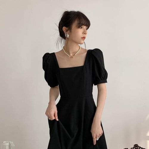 Women Dresses Black Dress For Women Summer Square Collar Puff Sleeve Vestido De Mujer
