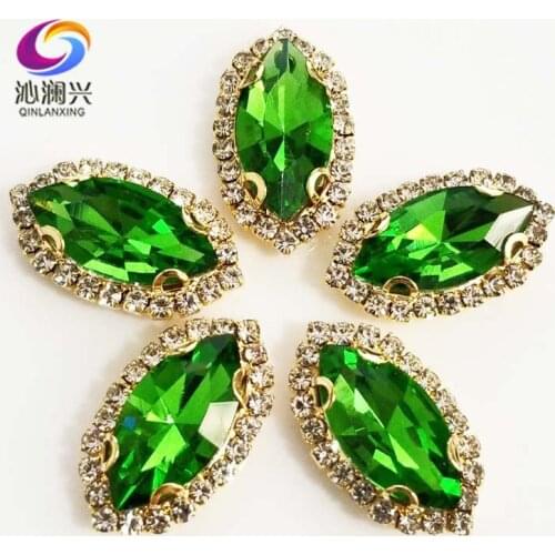 Gold bottom Grass green Top grade Glass Crystal buckle, eye shape sew on rhinestones with holes,Diy/jewelry accessories SWEKG16