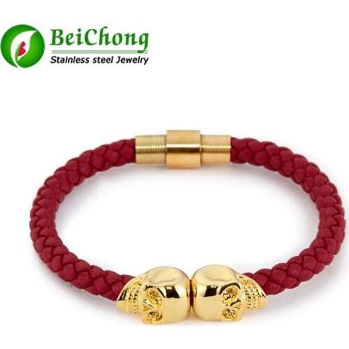 10 pieces/lot) Wholesale Red Genuine Leather Braided Bracelet Women Stainless Steel Rose Gold North Skull Bracelet Men WB106