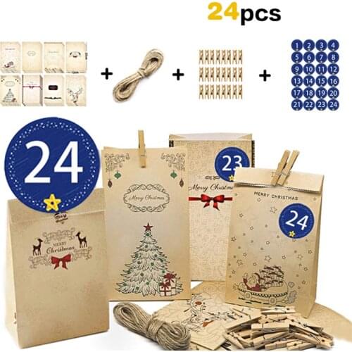 24Pcs/set Christmas Gift Kraft Paper Storage Bag Set Party Hanging Decorative Candy Goodie Bags