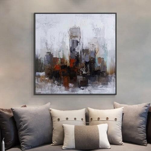 Abstract Hand Painted Black Brown Building Painting On Canvas Handmade Oil Painting Wall Art For Living Room Home Decoration