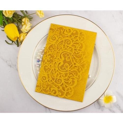 Free shipping 50X Luxury glitter gold wedding invitations envelope personalized inserts rose laser cutting pocket fold invite