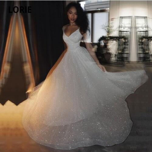 LORIE Glitter Wedding Dresses V-Neck Spaghetti Strap A-Line Wedding Gown Sparky White Ivory Custom Made Party Bride Dress 2021