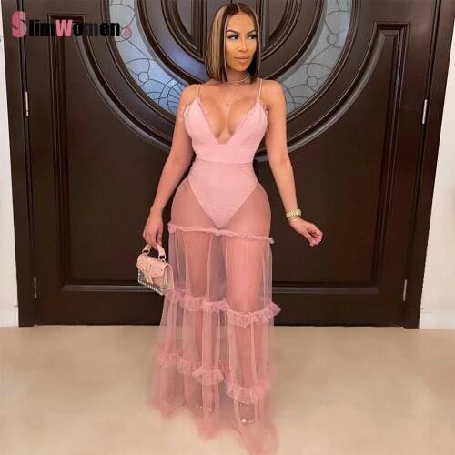 Boho Pink Vestidos Mesh See Though Patchwork Maxi Dress Women Beach Sexy Club Party V-neck Bodysuit Top Ruffles Long Dresses XXL