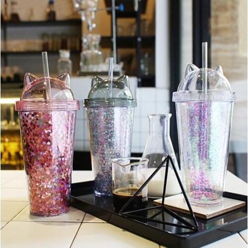 New Creative Plastic BPA Free Water Bottle with Straw Flash Cat Ear Double Drinking Bottle Gift for Christmas Child Drinkware