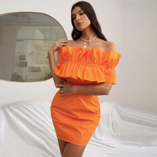 Elegant Ruffles Women Dress 2021 New Bodycon Mini Dress Orange Summer Autumn Clothes Slash Sleeve Party Dresses