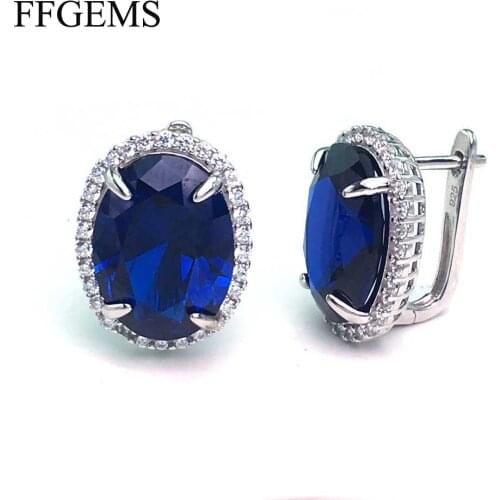 FFGems Big Gemstones Silver Earrings Blue Created Sapphire Silver 925 Jewelry Aquamarine Earring For Women Engagement Party gift
