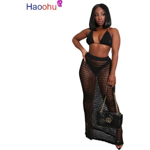 HAOOHU Sexy Fishnet Sheer Hand Knit Two Piece Set Women Summer Crop Top Long Skirt Suits Beach Outfits Night Club Matching Sets