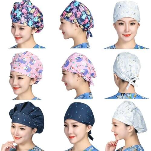 Unisex Cotton Scrubs Caps Cartoons Printed Sweatband Bouffant Hats Adjustable Work Wear Hats Beauty Salon Working Caps Wholesale