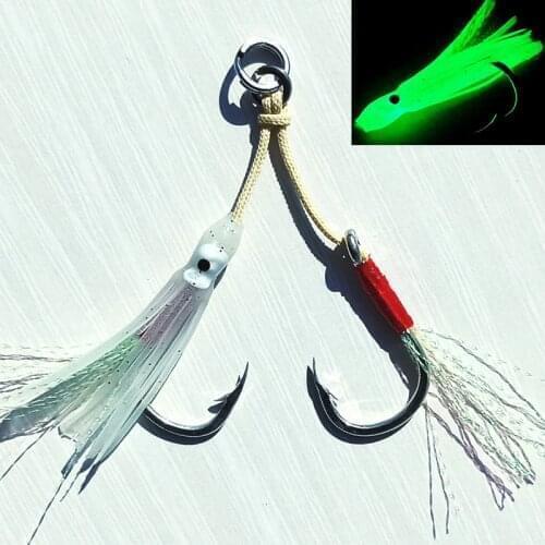 10pcs Mustad hooks 3/0 5/0 7/0 Kevelar line Lumious Slow Jig Hook with feather Assist Double Hooks INCHIKU Jigging hook