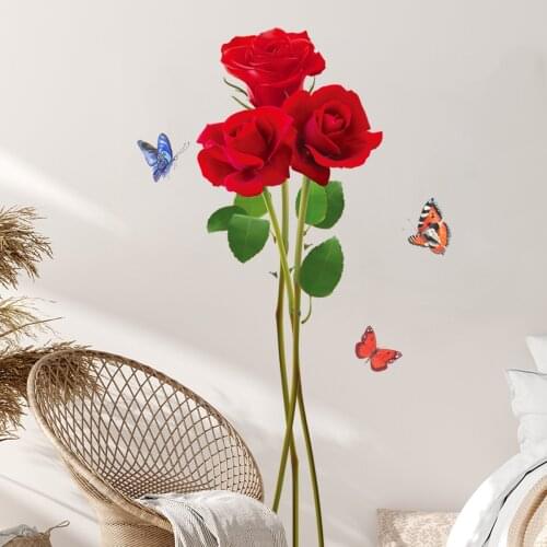 Red Rose Wall Stickers Flowers Butterflies Bedroom Decor Living Room Backdrop Wall Decals DIY Room Decoration Art Creative Mural
