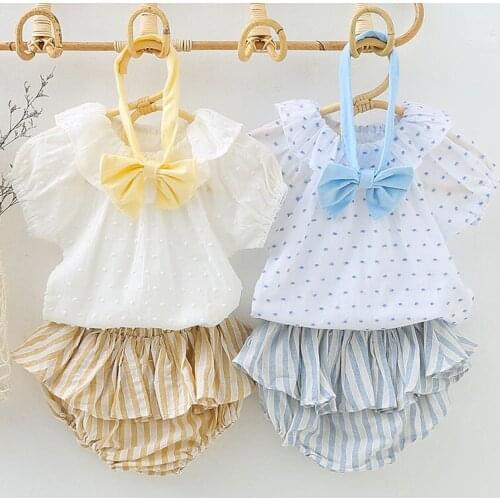 Summer Toddler Baby Girls Clothing Suit Lotus Leaf Collar Top+Striped PP Shorts Skirt+Hair Band Infant Baby Girls Clothes Set
