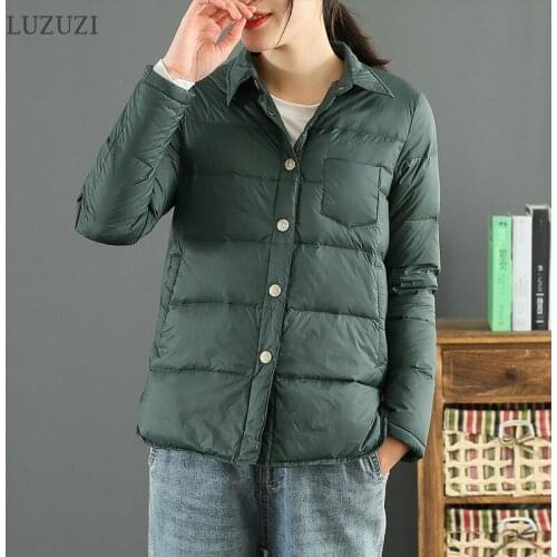 LUZUZI Autumn Winter Women Turn Down Collar Down Coat Ultra Light 90% White Duck Down Jacket Single Breasted Windproof Parkas