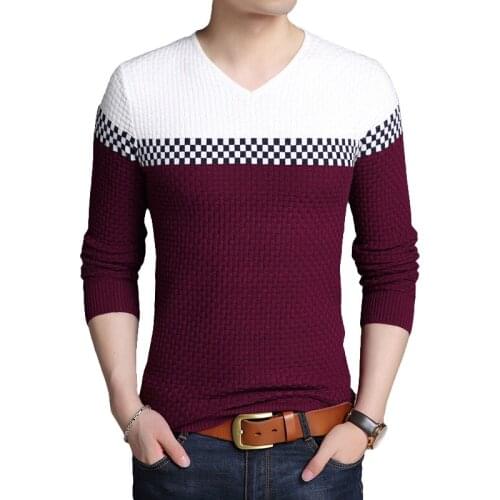 Autumn Winter Men Warm Wool Sweaters Casual Hit Color Patchwork V-neck Pullover Men Slim Fit Cotton Sweater Pull Homme