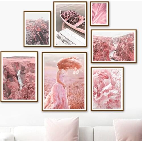 Pink Sakura Boat River Sky Mountain Women Wall Art Canvas Painting Nordic Posters And Prints Wall Pictures For Living Room Decor