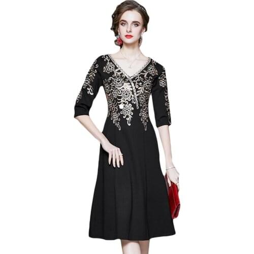 LUKAXSIKAX 2021 New Spring Autumn Women Sexy V-Neck Black Mermaid Dress High Quality Embroidery Elegant Vintage Dress