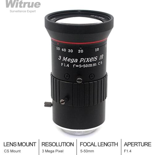 Witrue CCTV Lens 3.0 Megapixel Varifocal 5-50mm CS Mount With Manual iris F1.4 For Surveillance Security IP Camera