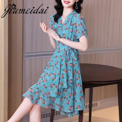 JiuMeiDai 2021 Women Summer Elegant A-Line Dress Office Lady Floral Robe Femme Vintage Designer V-Neck Party Clothing Vestidos